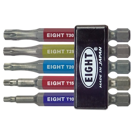 Eight Tool EX-IMPACT HIGH IMPACT TORX BIT 6.35MM SHANK 9&13MM GROOVE COLOR CODED SET, 5PC T10-T30 X 65MM OAL EA-310C-5S65